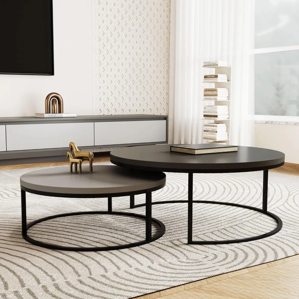 Conjunto de mesa de centro redonda moderna, mesas de coquetel aninhadas com pernas de metal preto, cinza escuro/cinza claro, fácil montagem, 31,5/23,7 inc
