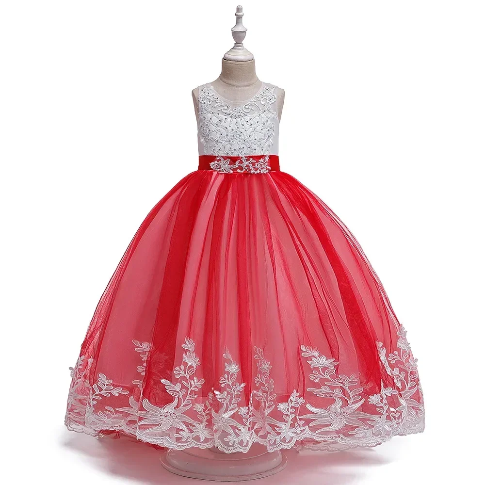 Rindu New Cross border Children\'s Dress Mesh Princess Wedding Dress Lace Beaded Trail Long Dress Girls\' Evening Dress