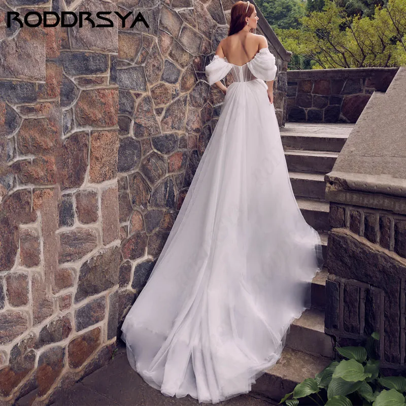 RODDRSYA Princesa Fora Do Ombro Tule Vestido De Noiva A linha Lace Querida Nupcial Festa Ilusão Zipper Voltar Vestido De Novia Princesa Fora Do Ombro Tule Vestido De Noiva A linha Lace Querida Nupcial Festa Ilusão Zipp