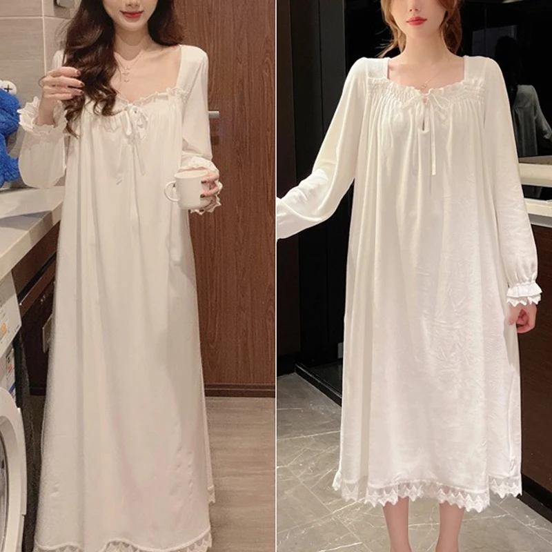 Long-Sleeved Princess Style Nightgown Loose Large Size Can Be Worn Outside the Home Wear Summer Women\'s Pajamas Lace White Korea