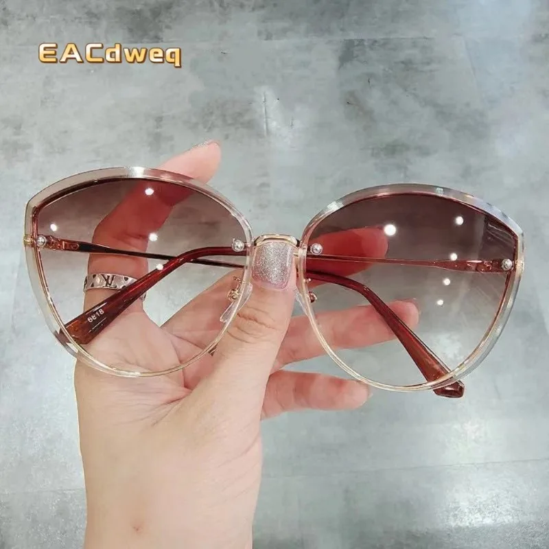 Gafas de sol ovaladas sin montura de alta calidad para mujer, gafas de sol de ojo de gato de metal para mujer, gafas de conducción, Sonnenbrille, Zonnebril Dames