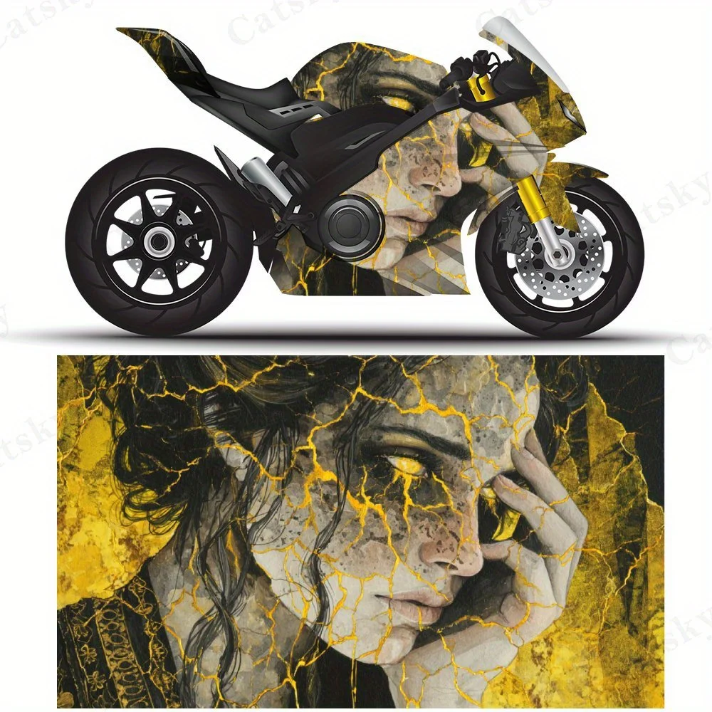 

Фэнтезийная женщина с трещинами и золотыми жидкими наклейками на мотоциклетную пленку, прочные клейкие наклейки из ПВХ для настройки мотоцикла, мы