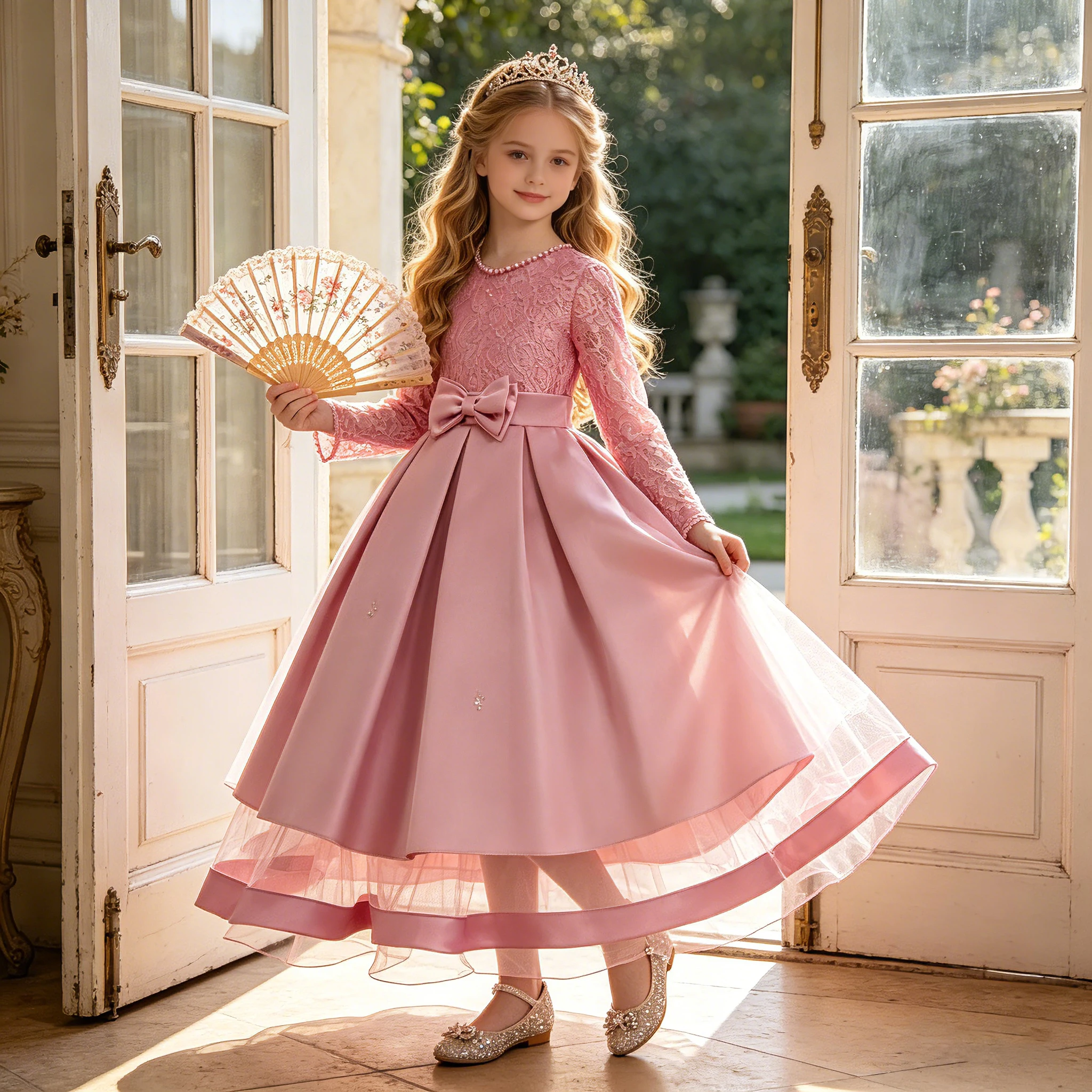 

Girls Pink Lace Satin Flower Girl Dress Long Sleeve Bow Sash Tulle Hem Formal Gown for Wedding Pageant Birthday Party