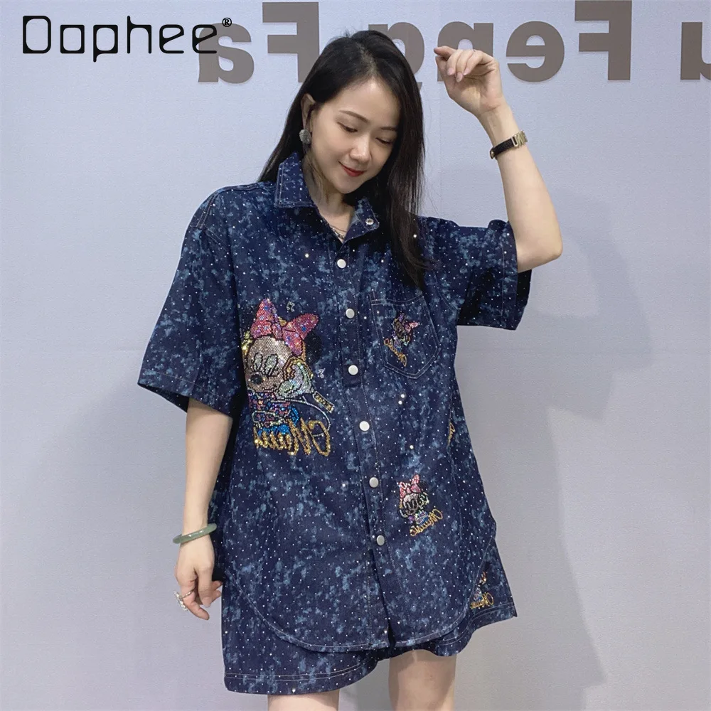 

Denim Suit Hot Diamond Denim Shirt Top + High Waist Wide Leg Shorts Two-piece Set Women's Summer Short-sleeved Cartoon Suit