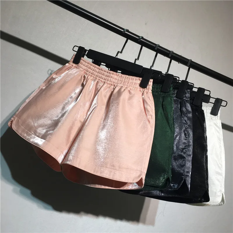 

Cool Elastic High Waist Ice Silk Flash Shorts Women Spring and Summer New Outer Wear Casual Hot Pants Loose A Word Wide Leg