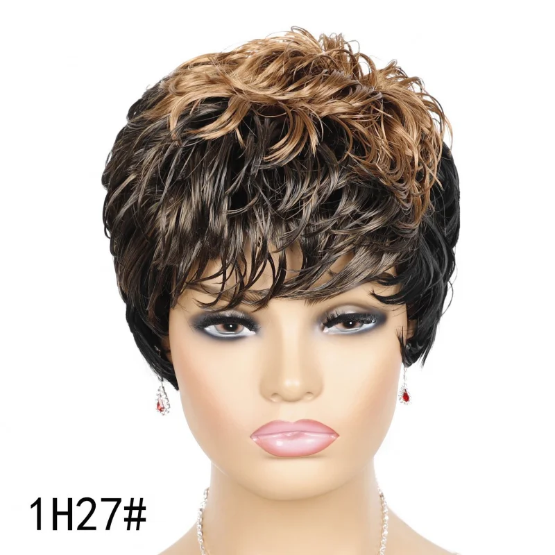 

Women's brown highlighted wig with curly hair and slight waves, short bangs, African style