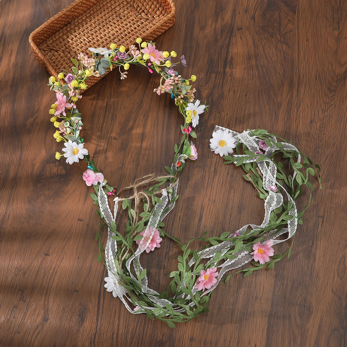 Haimeikang Bohemian Rattan Flower Lace Vines Crown Headband for Bride Wedding Hair Accessories Girls Floral Wreath Head Band