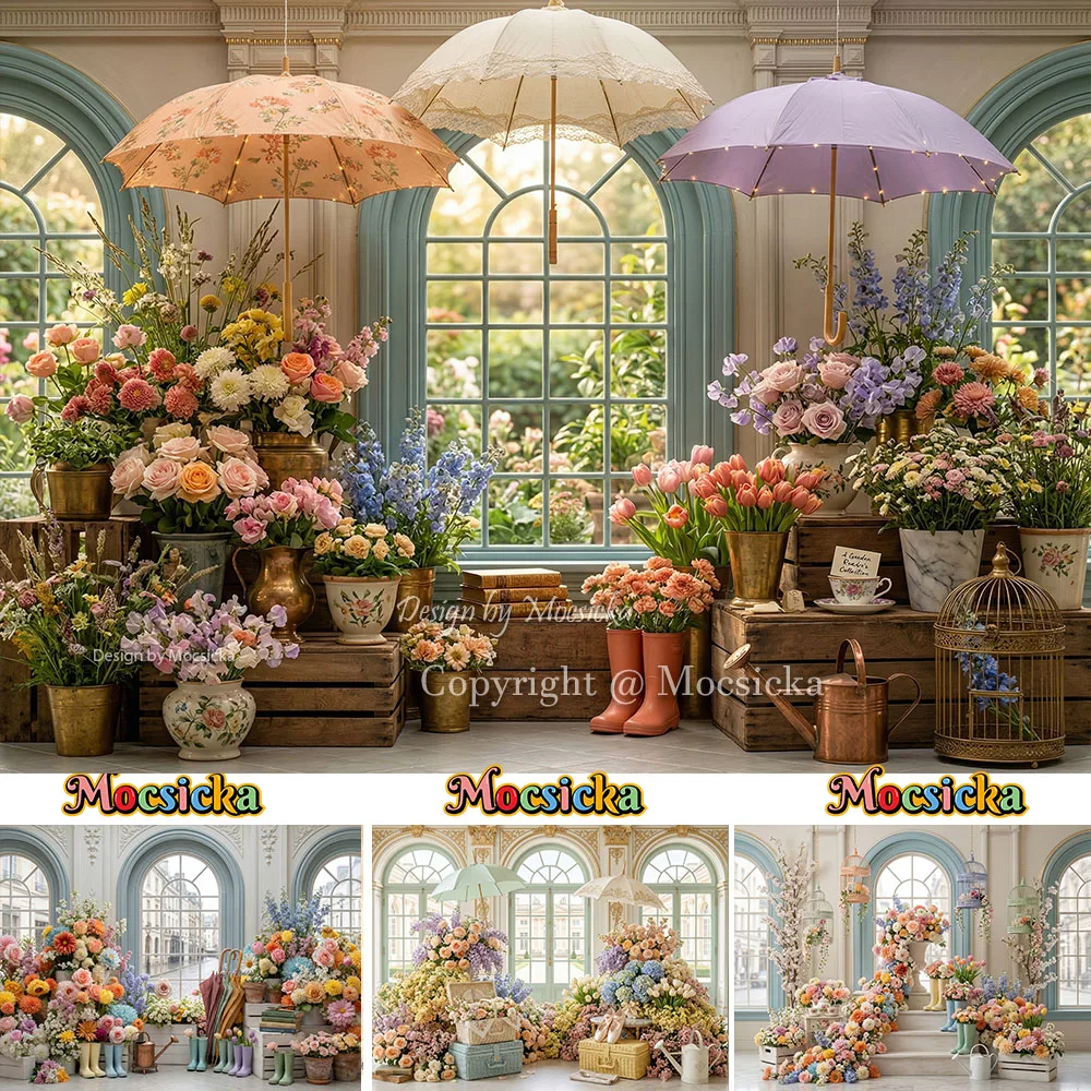 

Mocsicka Backdrop Photography Vintage Flower Shop Spring Floral Umbrella Background Baby Shower Birthday Wedding Photo Booth