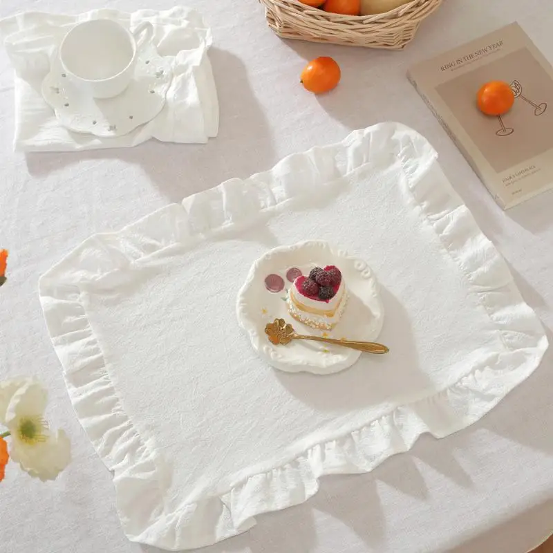 ** New Sale Pink Blue Stripe Ruffle Placemat Set Cute Table Decor For Kitchen Dining Room Breakfast Party Napin