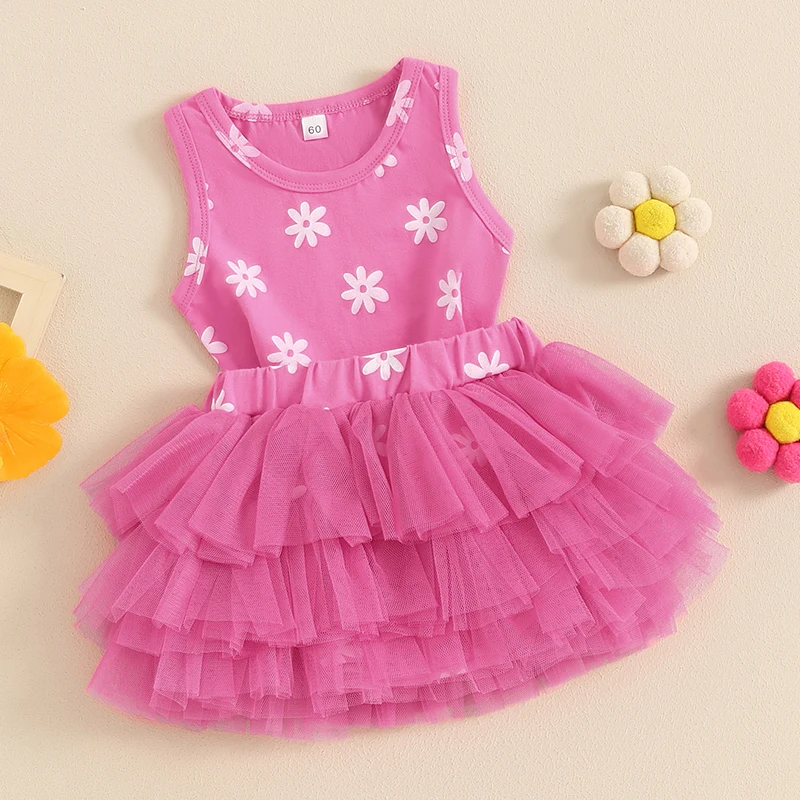 

Tregren 0-18M Infant Baby Girl Summer Outfits Flower Print Sleeveless Tank Tops Layered Mesh Tulle Tutu Skirts 2Pcs Clothes Sets