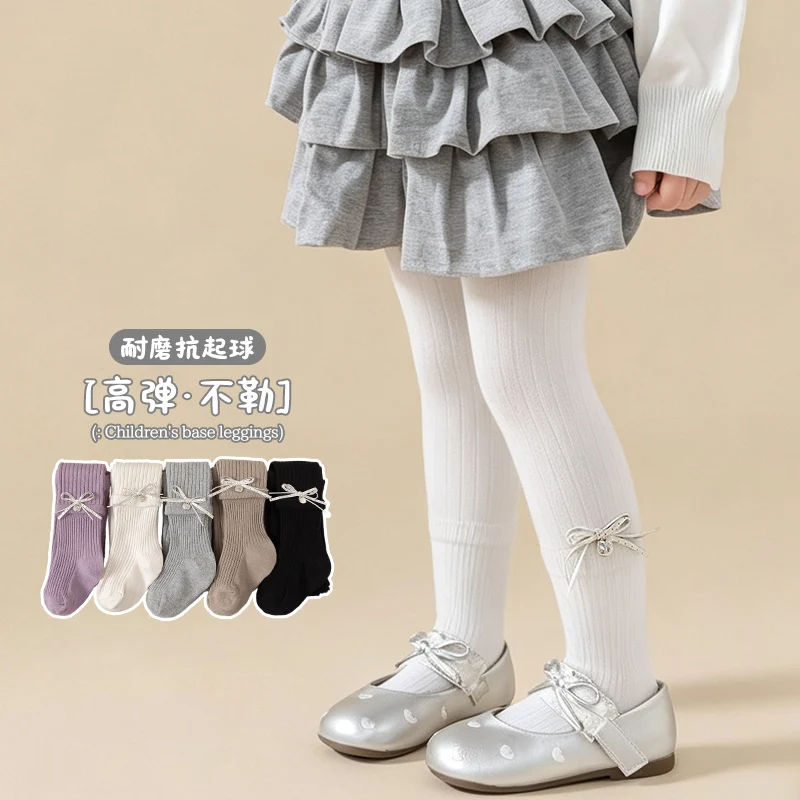 Spring Autumn Little Girls Pantyhose Lovely Korean‑Inspired Dot Design Featured Silver Thread Double Bow Comfort Stretchy Tights