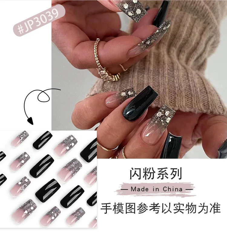 24 Stück künstliche Nägel, funkelnder Glitzer, Farbverlauf, schwarz, einfarbig, tragbar, Maniküre, zum Aufdrücken der Nägel, solide