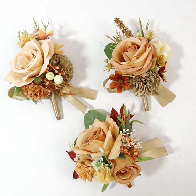 Oranje Coffe Kleur Huwelijk Boutonniere Corsages Handgemaakte Kunstmatige Bruidsmeisje Bruidegom Bruiloft Accessoires Bloemenspelden