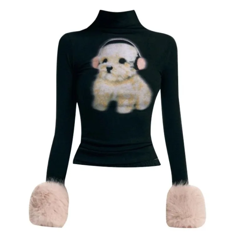 Cute Dog Turtleneck Black Sweater Mujer Spring Autumn New Knitted Tops Women Y2k Slim Fit Long Sleeve Bottoming Pullovers Shirts