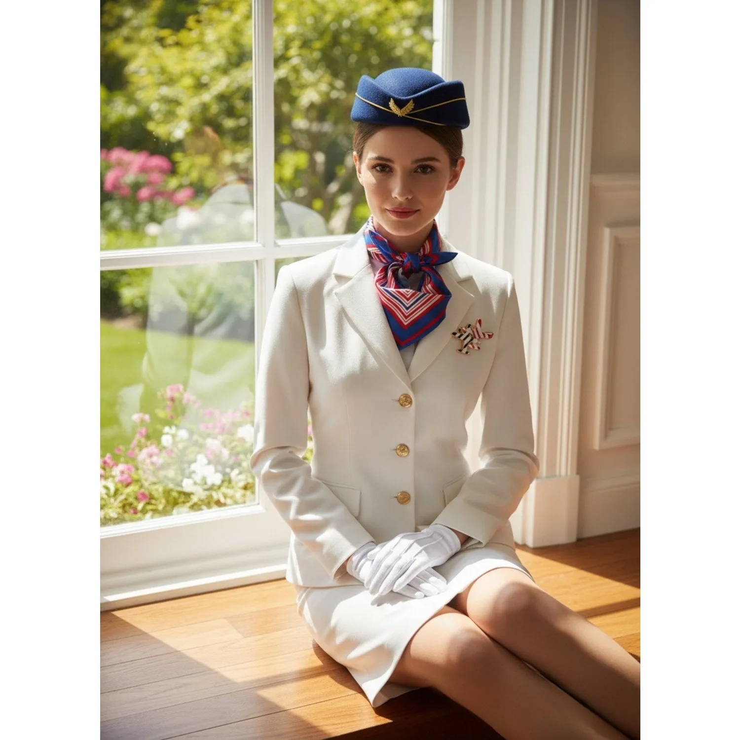 ชุดเครื่องประดับสำหรับพนักงานต้อนรับบนเครื่องบินสุดหรู - ชุดแต่งกายสไตล์สายการบินพร้อมหมวก ผ้าพันคอ เข็มกลัด และถุงมือ