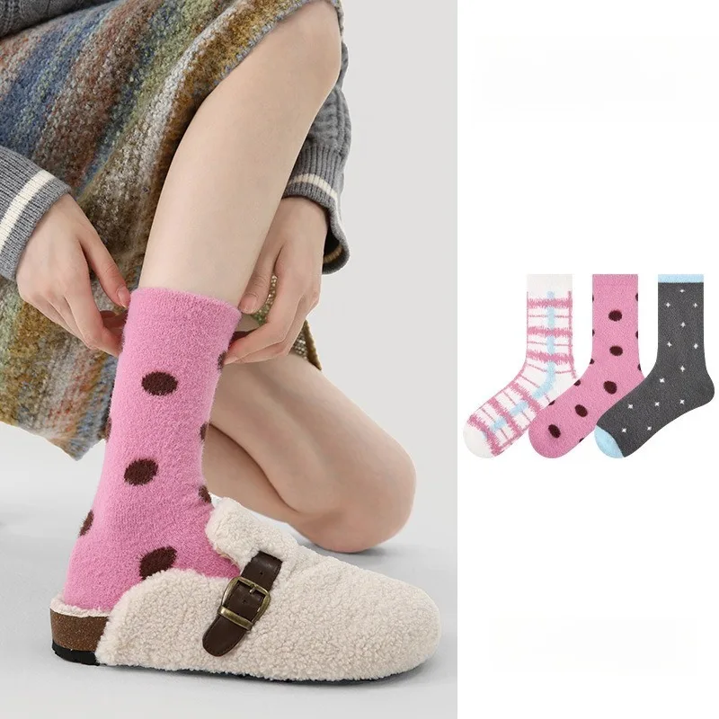 

3 пары толстых женских носков до середины икры на флисовой подкладке, зимние теплые женские носки в горошек для девочек, осенние толстые носки высокого качества