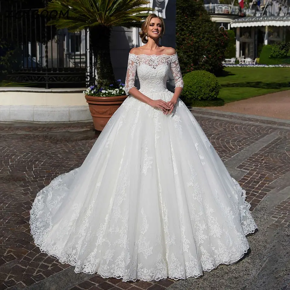 Elegant Boat Neck 2 Pieces Ball Gown Wedding Dresses 2026 Half Sleeves Lace Appliques Beaded Women Bridal Gowns Vestido De Noiva