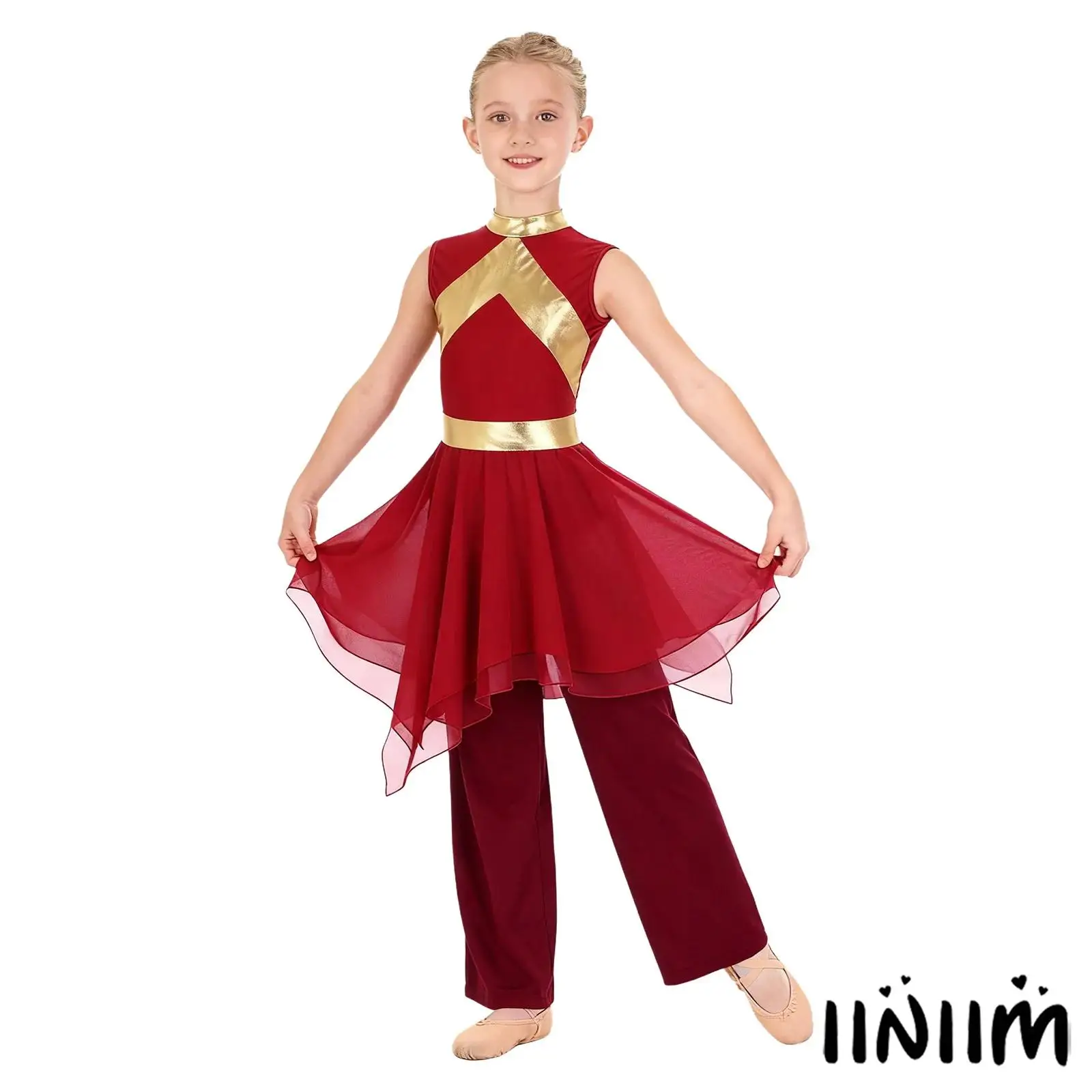 

Kids Girl Liturgical Praise Dance Outfit Metallic Sleeveless Asymmetrical Hem Dress with Wide-Leg Pants Lyrical Modern Dancewear