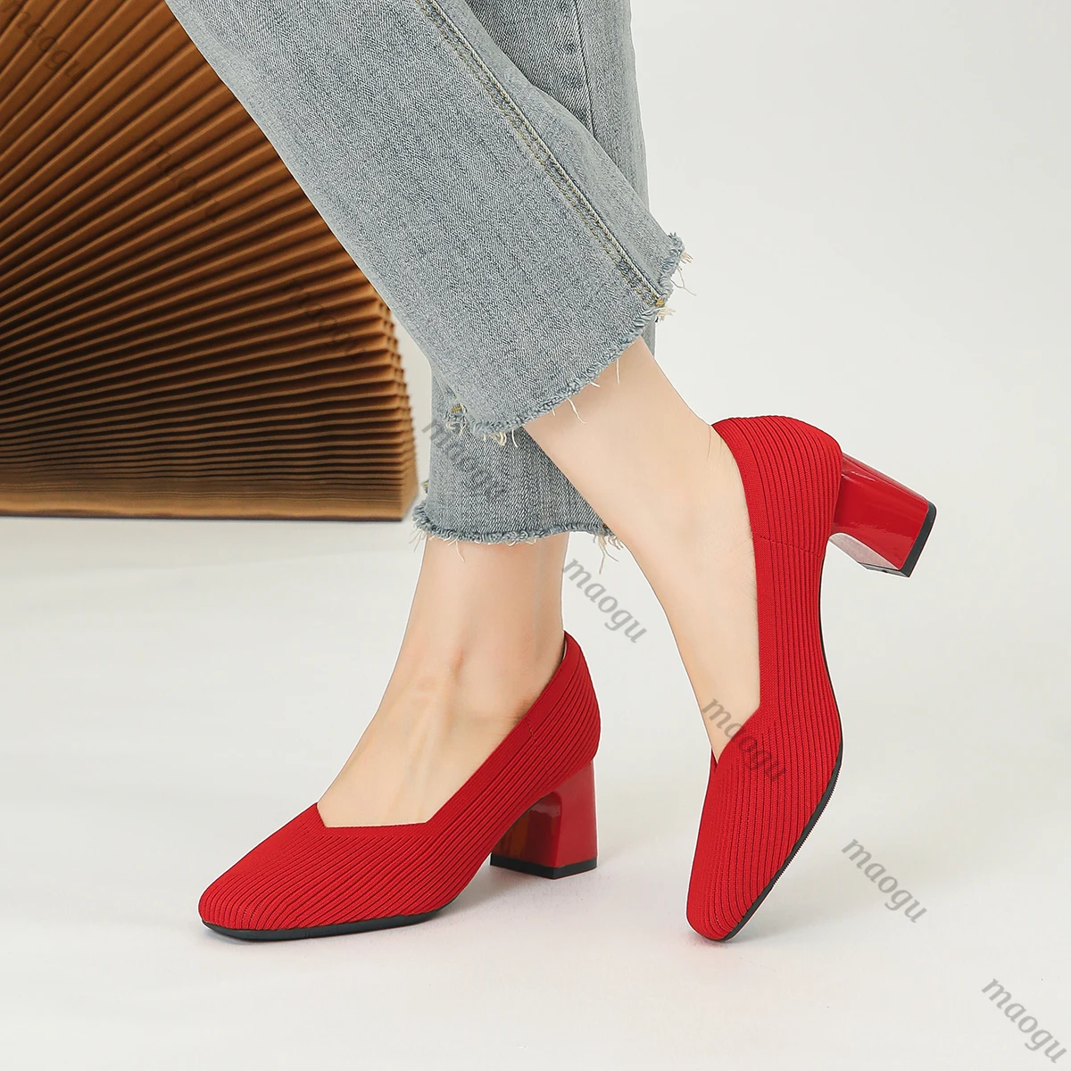 Sepatu Wanita Hak Tinggi Nyaman Rajutan Persegi Sepatu Flat Wanita Nyaman Sejuk (Tinggi 5Cm) Koleksi Baru 2025