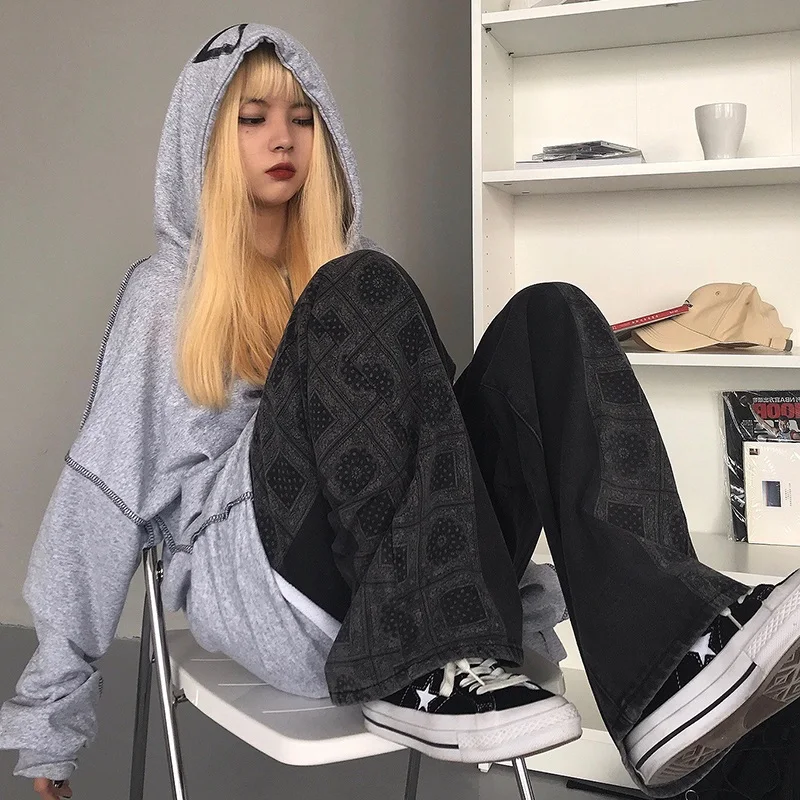 

High Waist Wide Leg Straight Cut Loose Fit Spliced Denim Jeans for Women Black Spring Autumn Long Floor Length Trousers