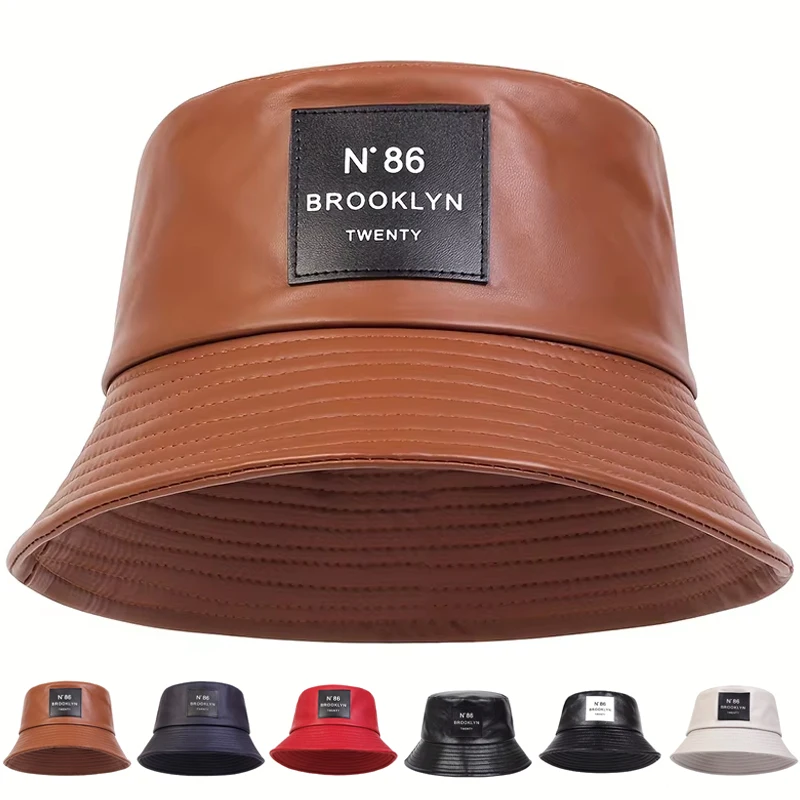 Unisex Brooklyn Panama Bucket Hat PU leather Fisherman Hat Outdoor Travel Hat Sunscreen Hats for Men Women bucket Hats