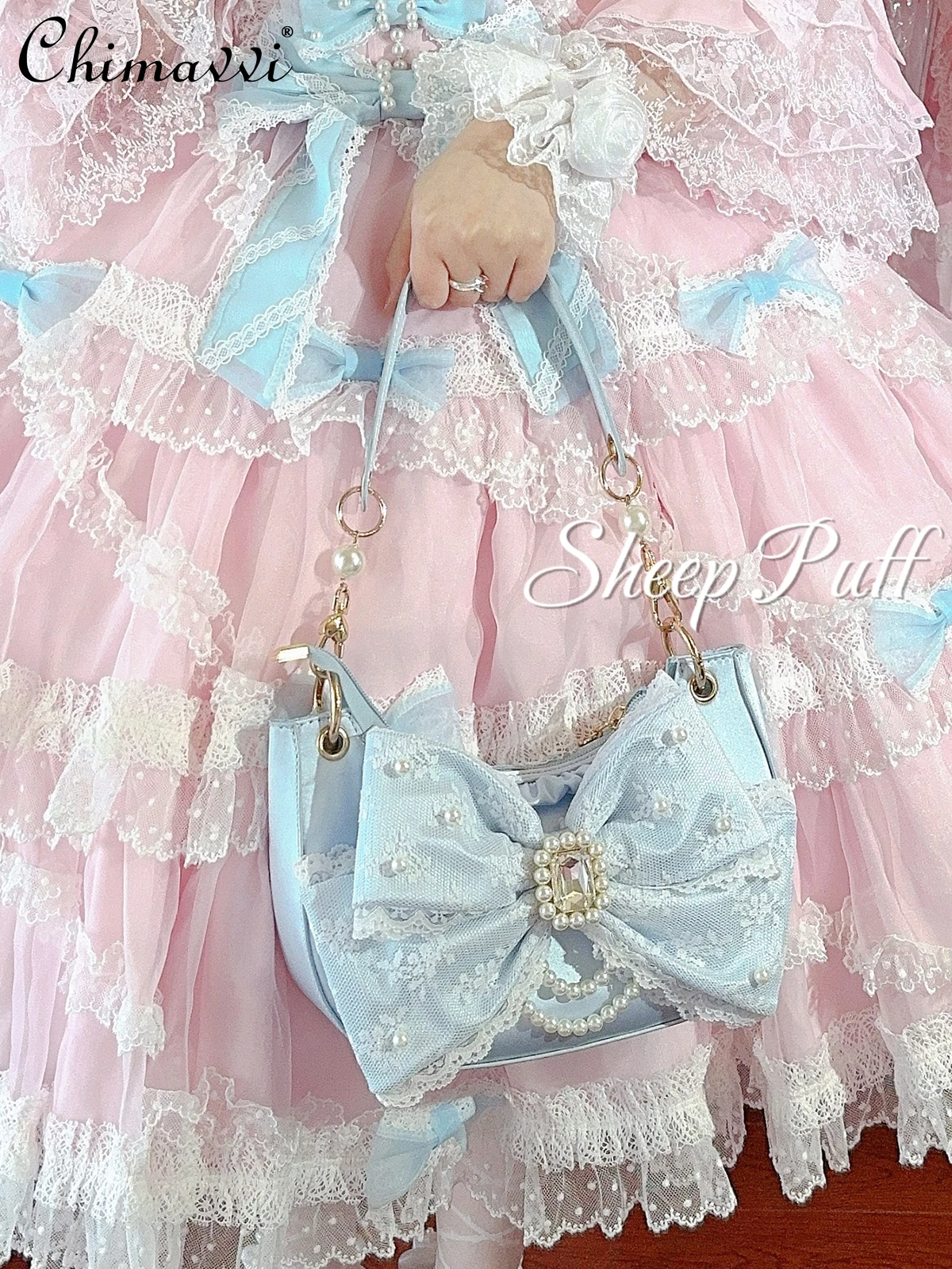 

New 2025 Original Sweet Girl's Cute Big Bow Lolita Crossbody Bag Women's Pearl Chain Pink Princess Handbag Lo Shoulder Bags