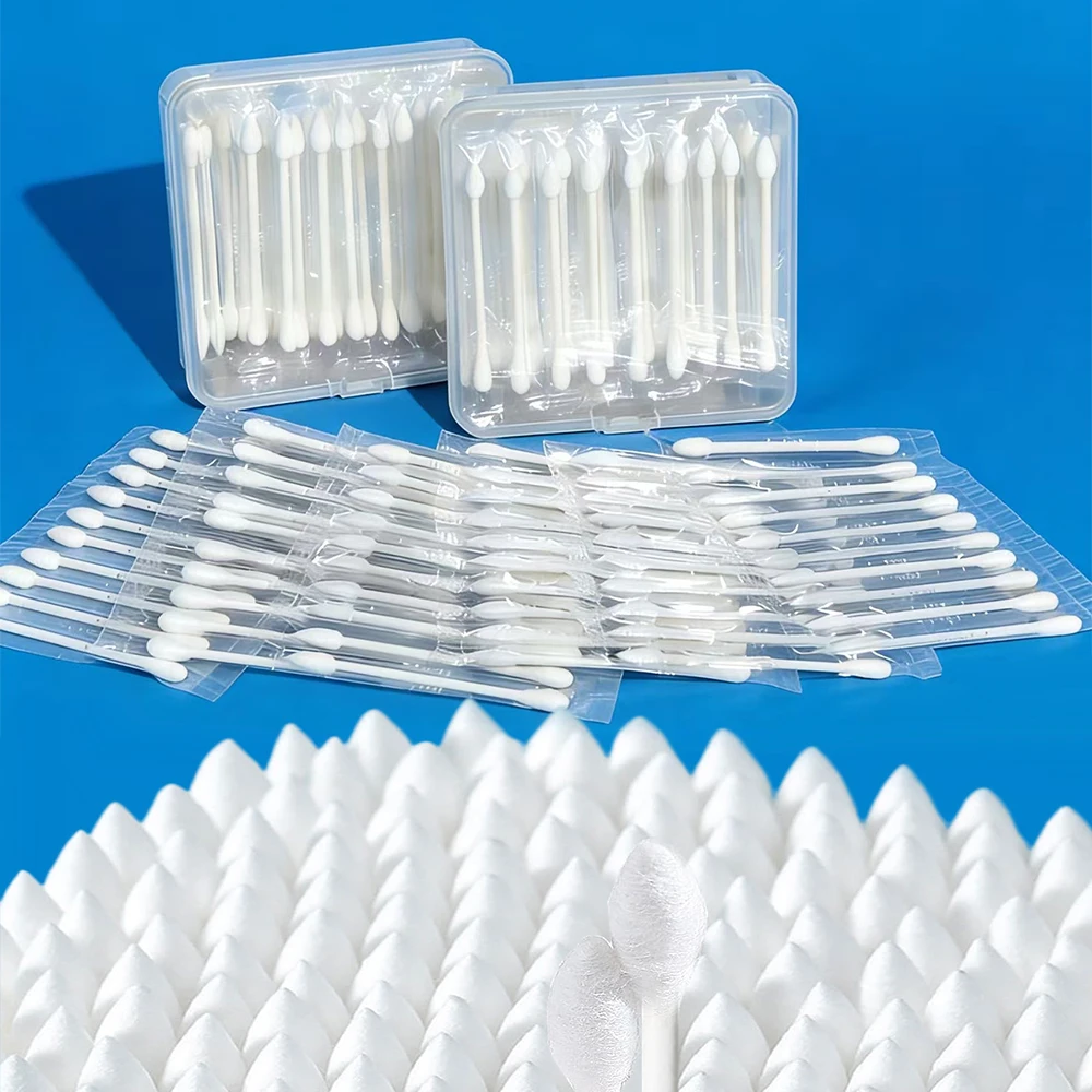 

100-Pack Disposable Double-Ended Cotton Swabs in a Box, Suitable for Ear Cleaning and Makeup Removal, Round-Tipped Cotton Swabs, Individually Packaged for Hygiene, Nail Art Tools