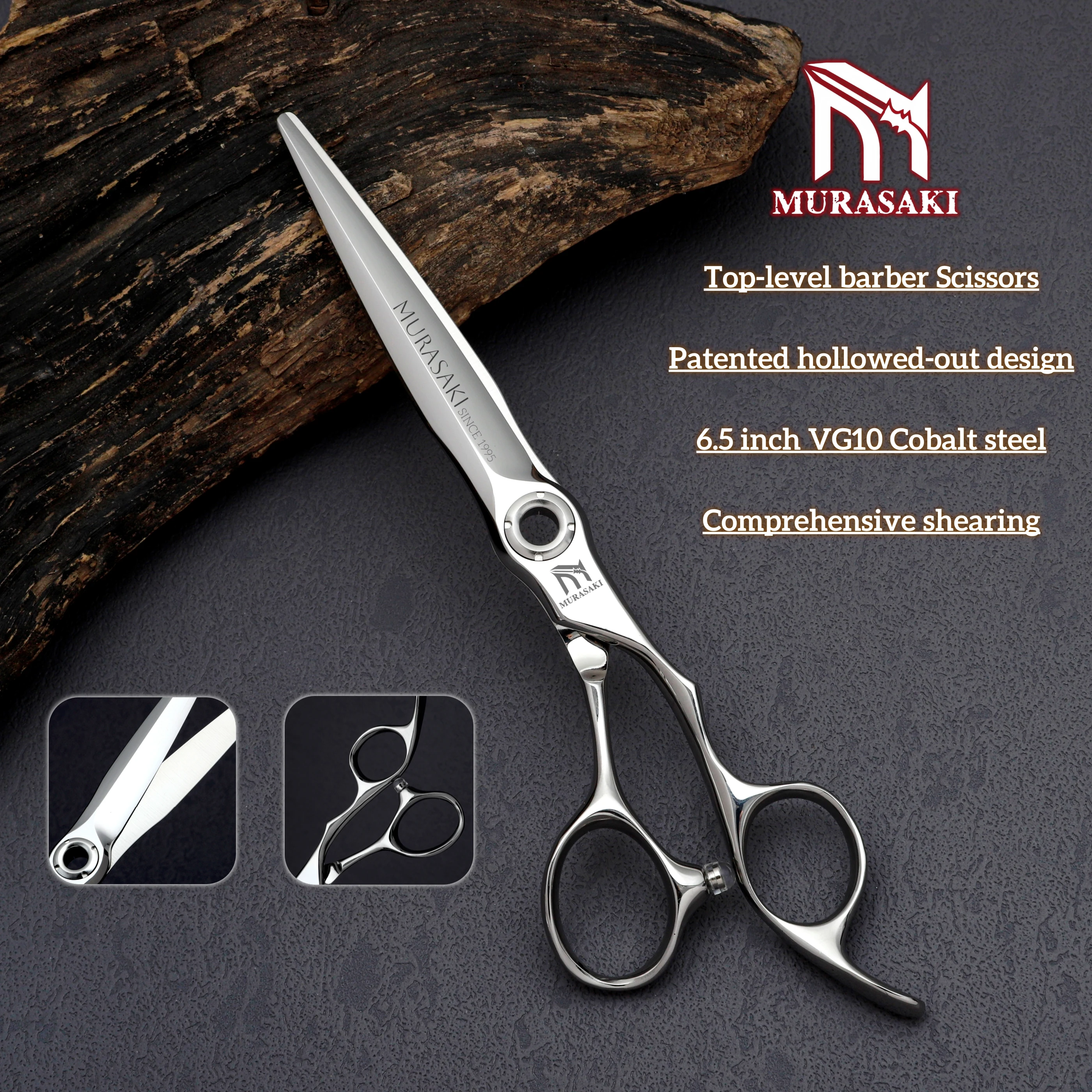 MURASAKI Top-Level Hairdressing Scissors, Japan VG10 Steel 6.5 Inch Barber Shears, Patented Hollowed-Out Design Hair Cutting Too