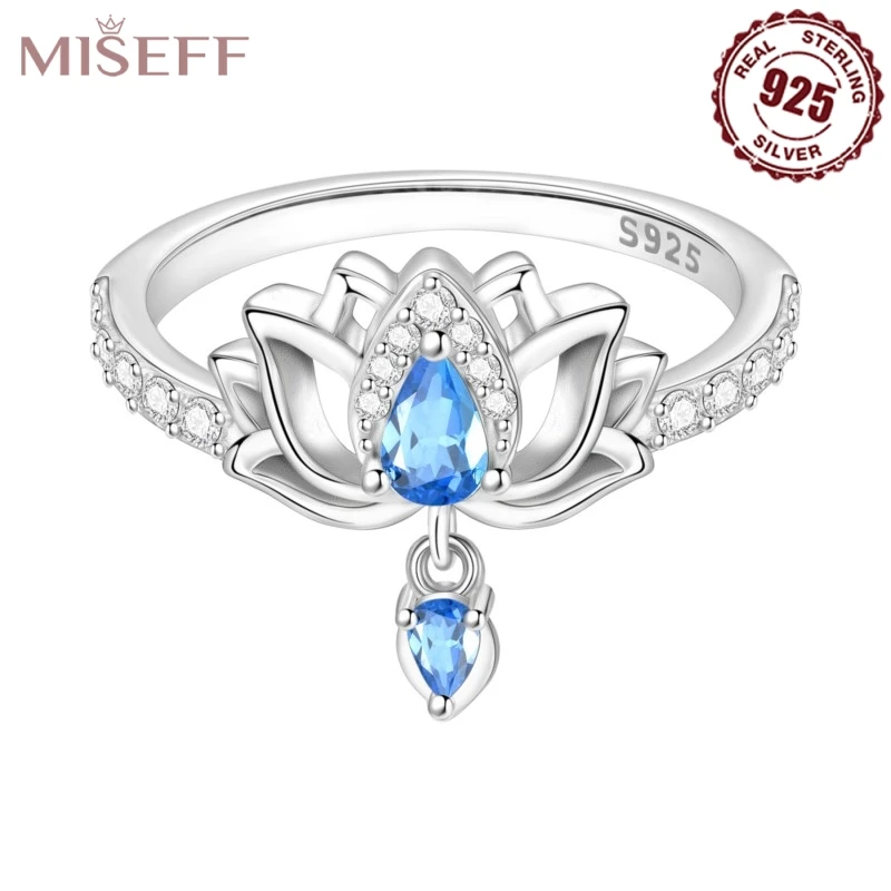 Anel de Flor de Lótus Azul em Prata Esterlina S925, Design Original MISEFF, Joia Fina para Mulheres, Presente de Aniversário para Meninas