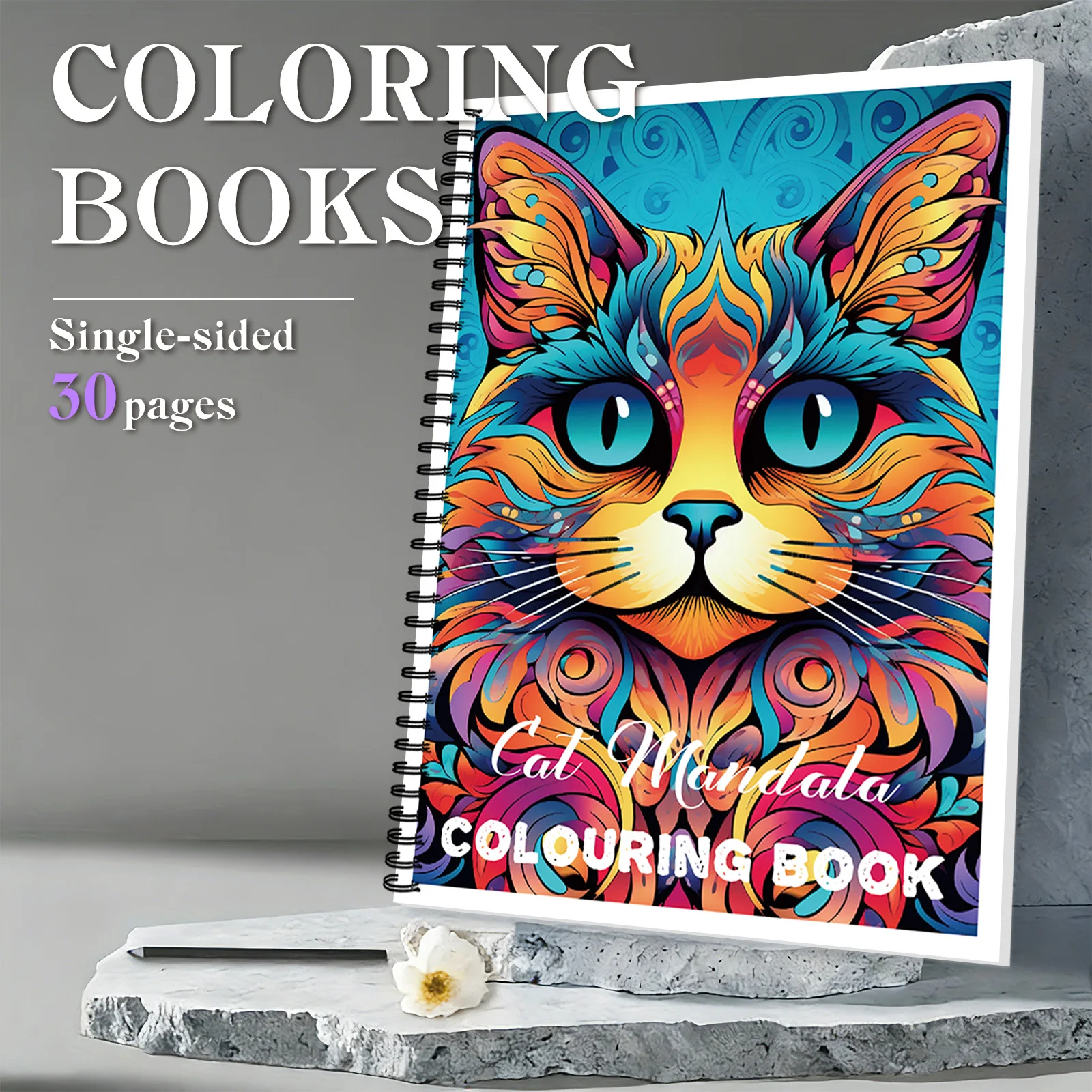 

1PC Drawing Books, Colorful Intricate Cat Mandala-Themed Spiral Colouring Book, For Serene Creative Coloring Moments