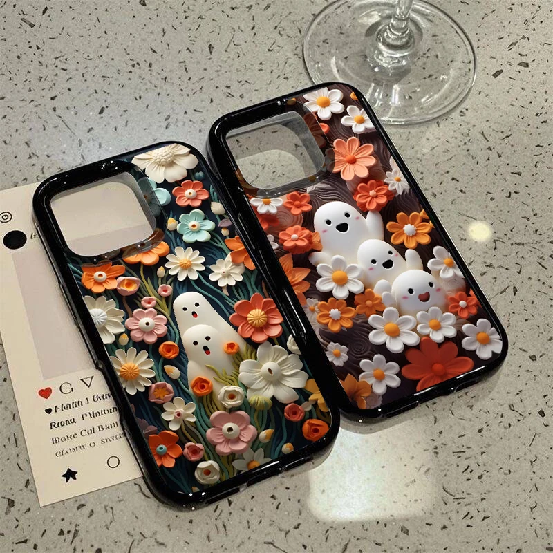 Funda transparente con estampado de flores de fantasmas de Halloween occidental para IPhone 16 15 14 13 12 11 Pro Max 7 8 Plus 17 cubierta transparente a prueba de golpes