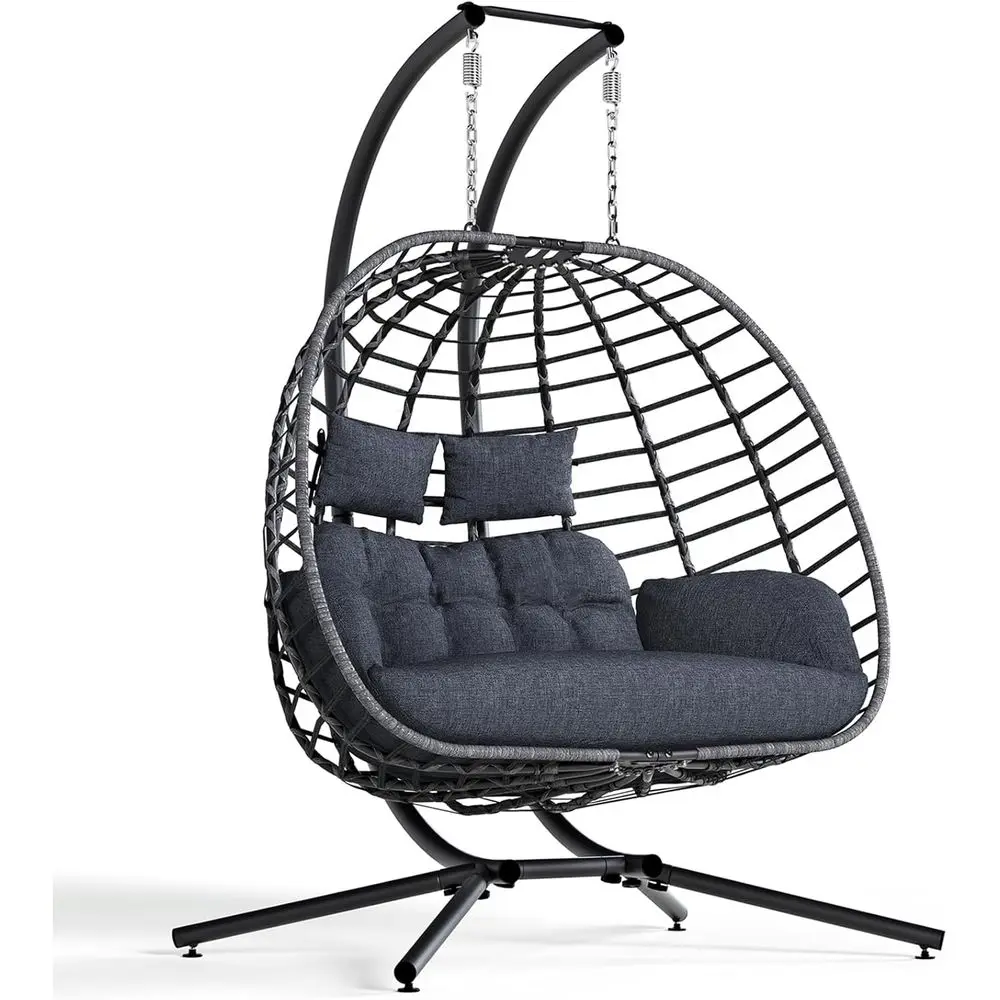 

Двухместное уличное плетеное кресло-качели с подставкой и подушкой для патио, сада или спальни - серое