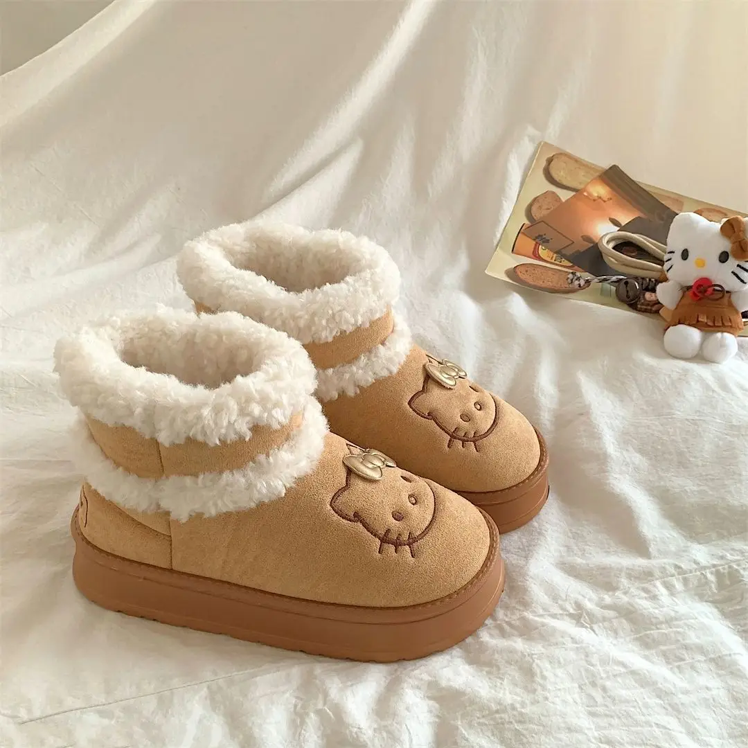 Hello Kitty animation peripheral kawaii cute autumn and winter velvet thickened high-top snow boots for girls warm cotton shoes