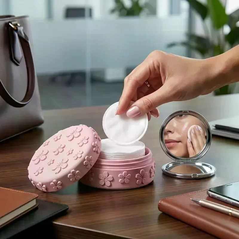Cherry Blossom Embossed Makeup Cotton Storage Box 3D Printed Dust-Proof Beauty Storage Jar With Lid