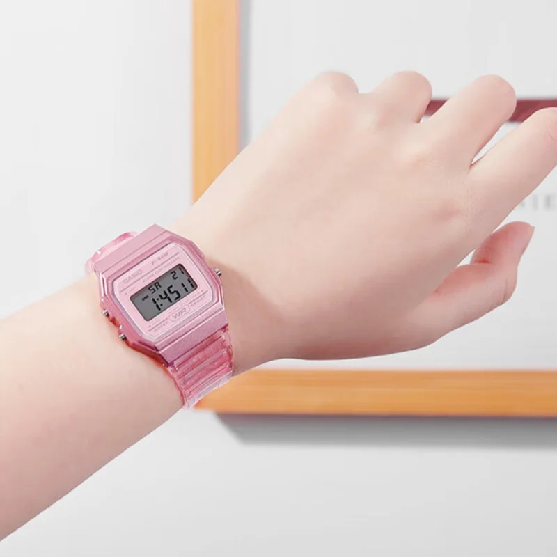 ساعة كاسيو للرجال ريترو مربعة عصرية ساعات كوارتز شفافة بحزام راتينج طالب رياضية بسيطة مقاومة للماء F-91WS-2