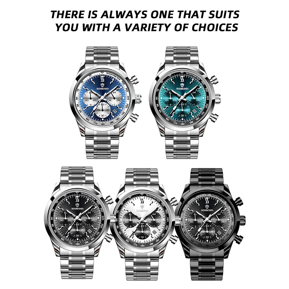 BINBOND Fashion Men's Watches Trend Multifunctional Original Quartz Watch for Man Waterproof Stainless Steel Chronograph Watch