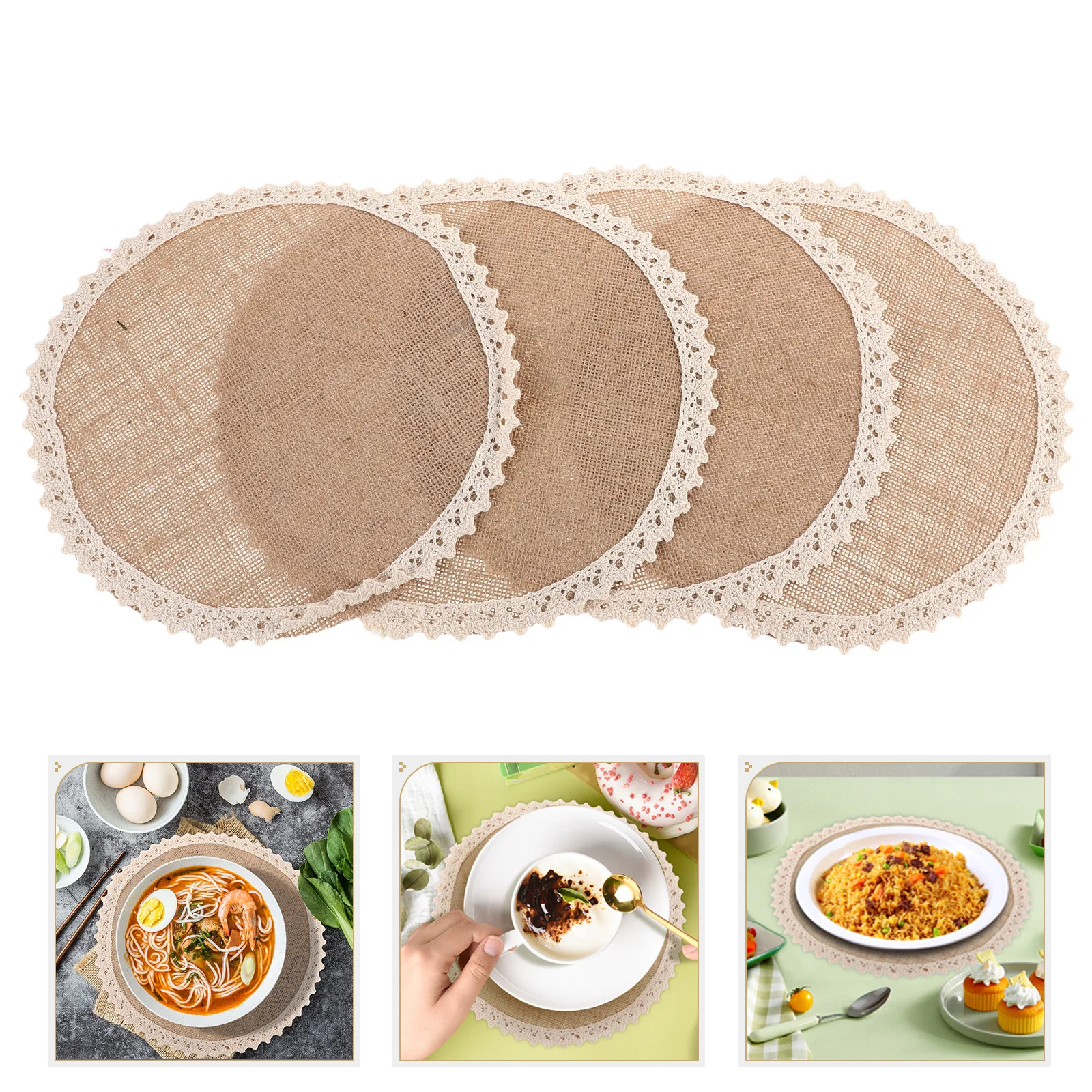 

4Pcs Rustic Linen Placemats Round Natural Fabric Lace Trim Table Mats Non-Slip Heat Resistant Farmhouse Dining Table Circle