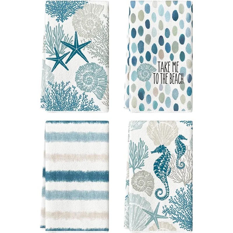 4Pcs, Striped Coral Seahorse Summer Kitchen Towels, 40Cm*60Cm Towel Set, Best Kitchen Towels, Fun Kitchen Towels, Super Absorbent Soft Cleaning Cloth, Cooking and Baking Tea Towels, Hand Towels, Cleaning Cloths, Dishcloths, Kitchen Decor, Living Room Decorations, Kitchen Essentials, Home Essentials