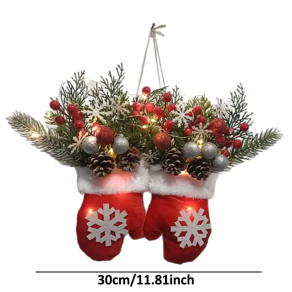 

1Pcs Twinkling Christmas Mitten Wreath Christmas Lighted Werath Front Door Artificial Garland for Party Wall Decoration Xmas