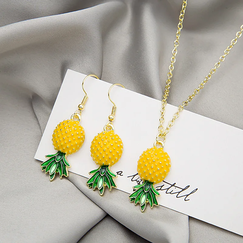 Silver Needle Small Fresh Fruit Pineapple Earrings Necklace Set Sweet Temperament Personality With Summer Cartoon 2-Piece Set