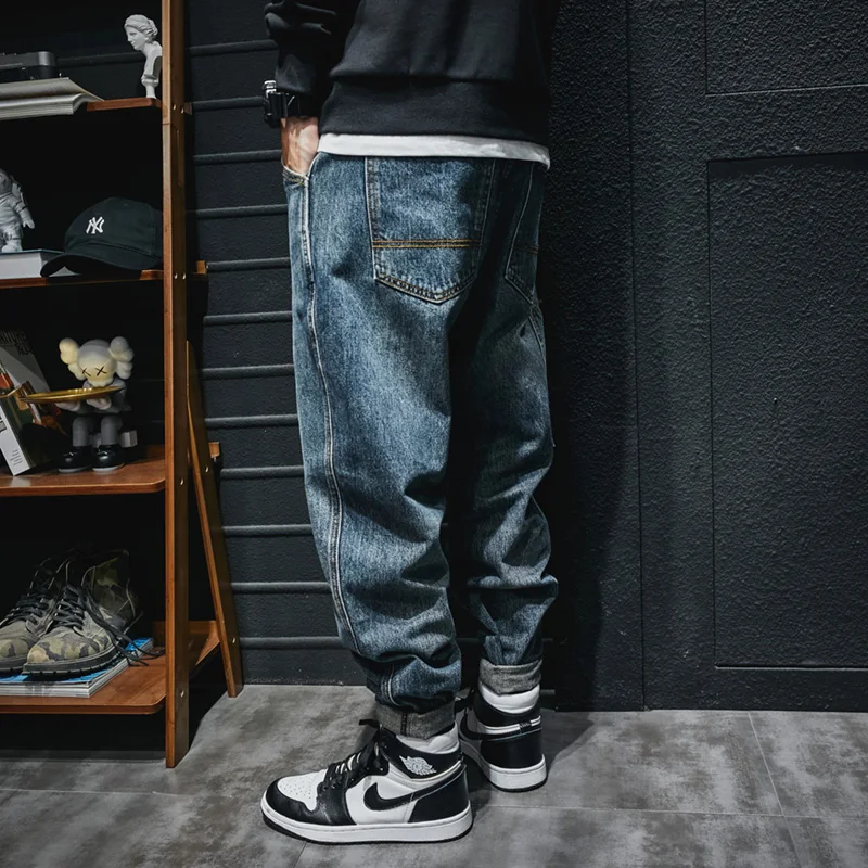 Fashion Streetwear Men Jeans Retro Blue Casual Denim Cargo Pants Hombre Multi Pockets Hip Hop Loose Jeans Men Wide Leg Trousers