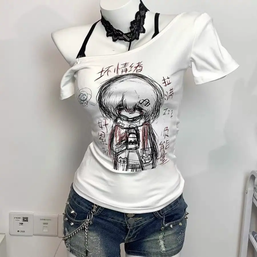 2 Piece Sets American Vintage Suits Print T-shirts Women 2000s Harajuku Gothic Tees Casual Y2k Crop Tops V-Neck Sexy T Shirts