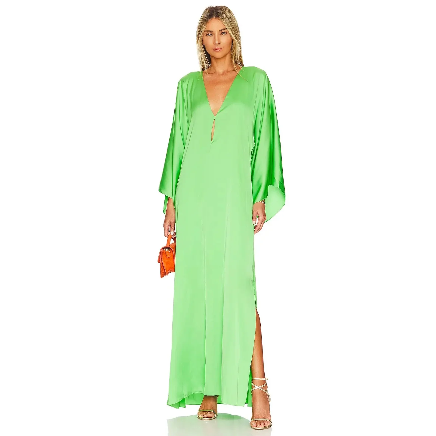 

Pandora Simple ankle-length evening dress Deep V-neck green long sleeve side slit zipper women's wedding banquet evening dress