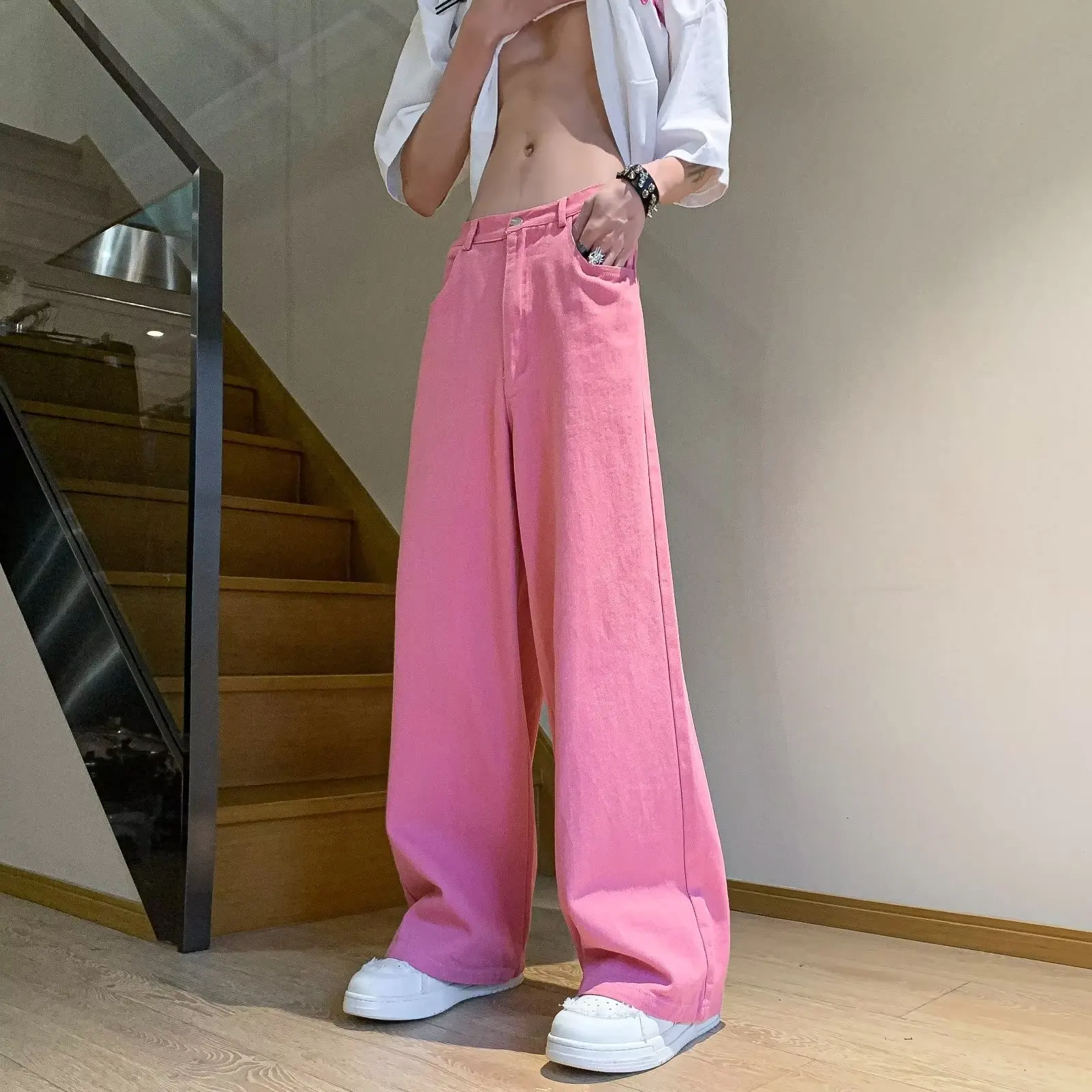 2024 Men\'s Wide Leg Loose Pants Straight Jeans Loose Retro Denim Pants Street Famous Fashion Pockets Vintage Wear Trousers P107