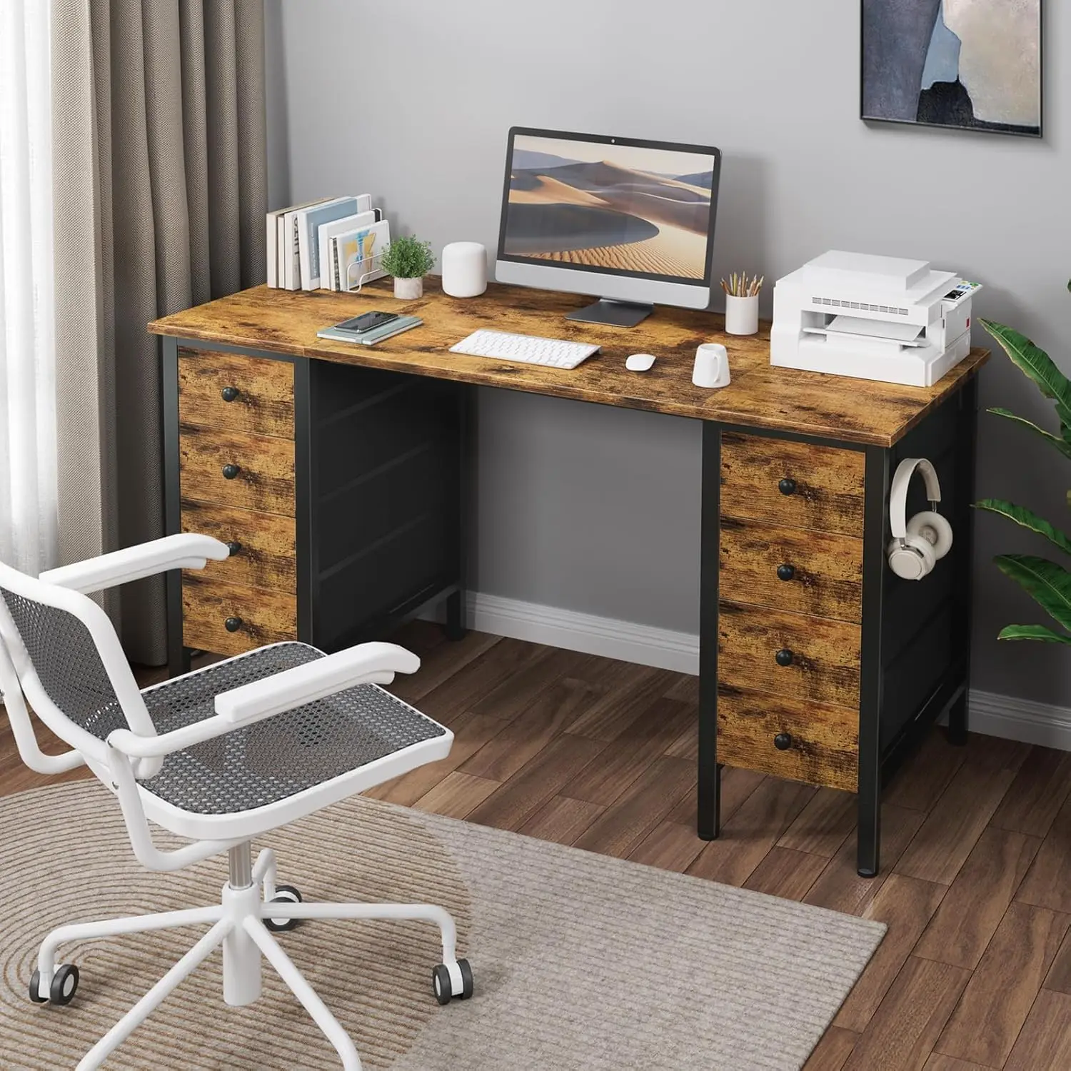 55 Inch Home Office Desk with 8 Fabric Drawers - Computer Study Work Desk for Bedroom, Gaming, Students