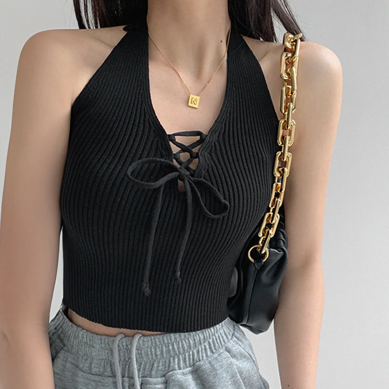 

Ribbed Knit Halter Top Lace-up Front Sleeveless Crop Tanks and Camis Teen-Girl Summer Y2K 90s Outfit