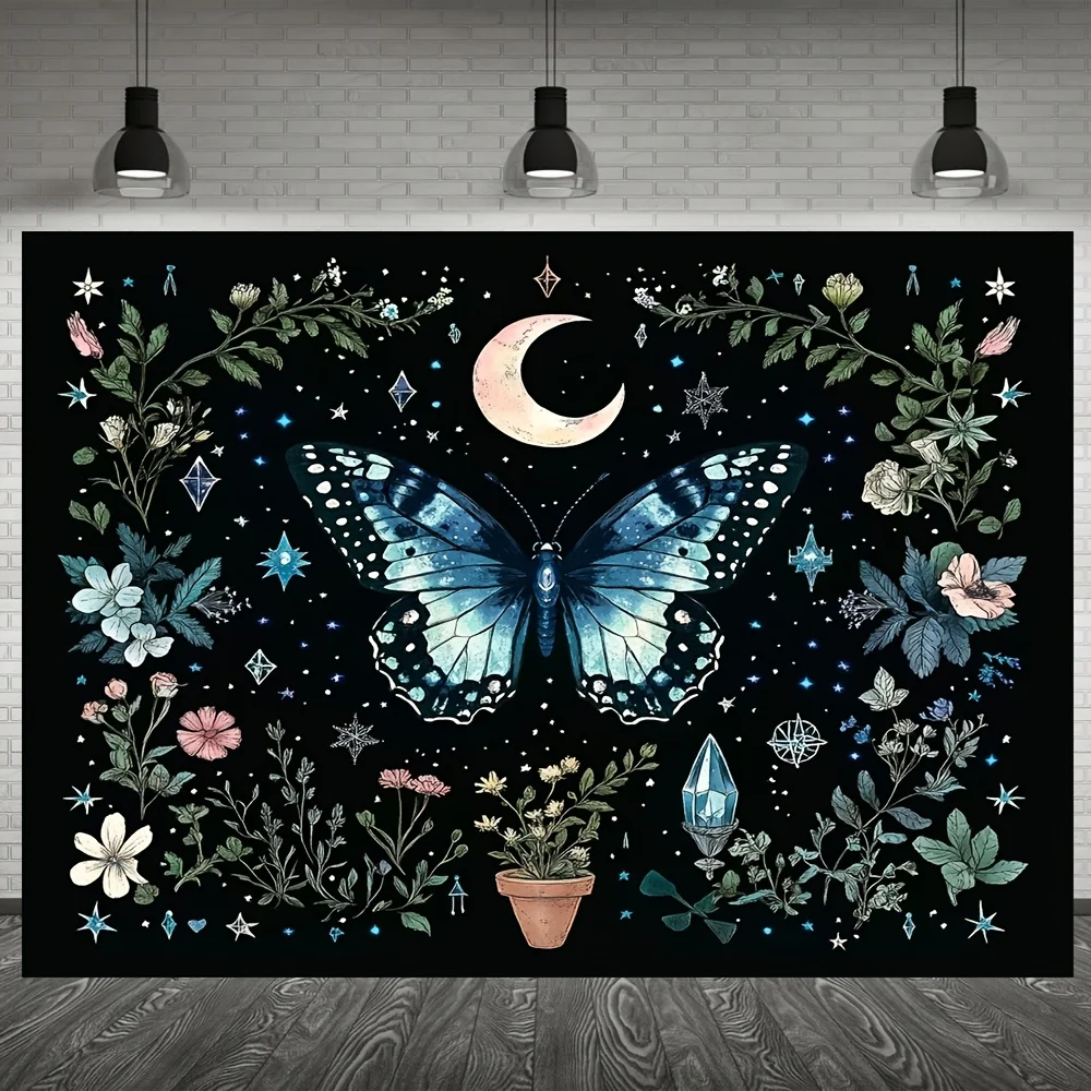 قطعة واحدة من نسيج البوهيمي مع قمر الفراشة والزهور، قماش بوليستر، قابل للغسل في الغسالة ومناسب لغرفة النوم وغرفة المعيشة #3