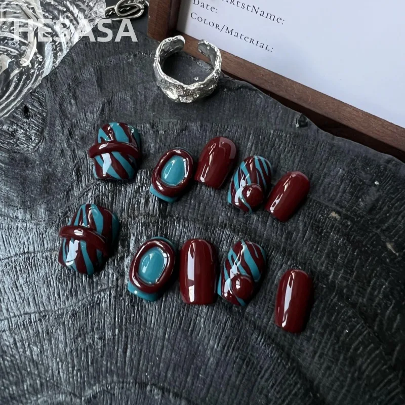 

10pcs Blue Trace Handmade Nails 3D Circle Check Pattern Press on Nail Short Square Full Cover Nail Tip for Women&Girl Fake Nail