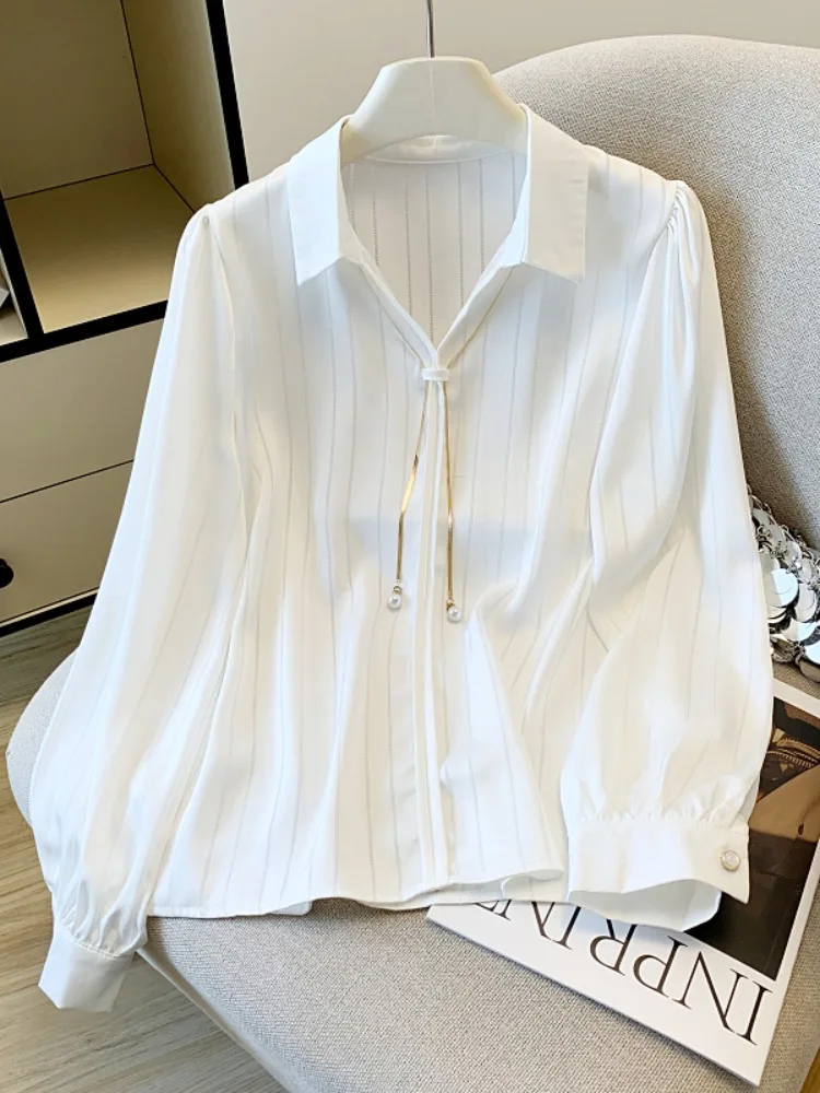 

Элегантный белый шелковый длинный топ в полоску для женщин, весна 2026, новинка, стильный женский топ премиум-класса