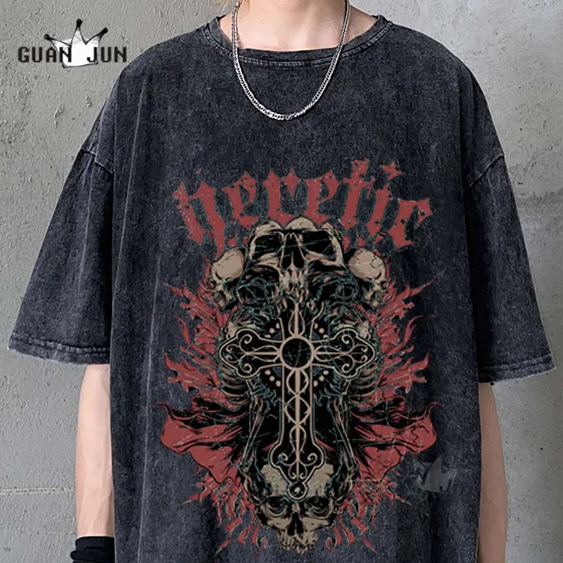 

Horror Skull Washed Tshirts Men and Women 2021 Harajuku Hip-hop Short-sleeved T-shirt Casual Tops Streetwear Oversized T-shirts
